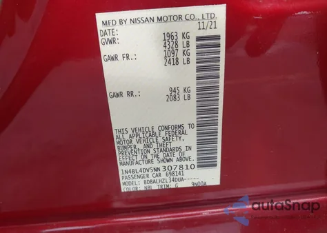 2022 Nissan Altima Sv Fwd из США, поврежденный, VIN 1N4BL4DV5NN307810